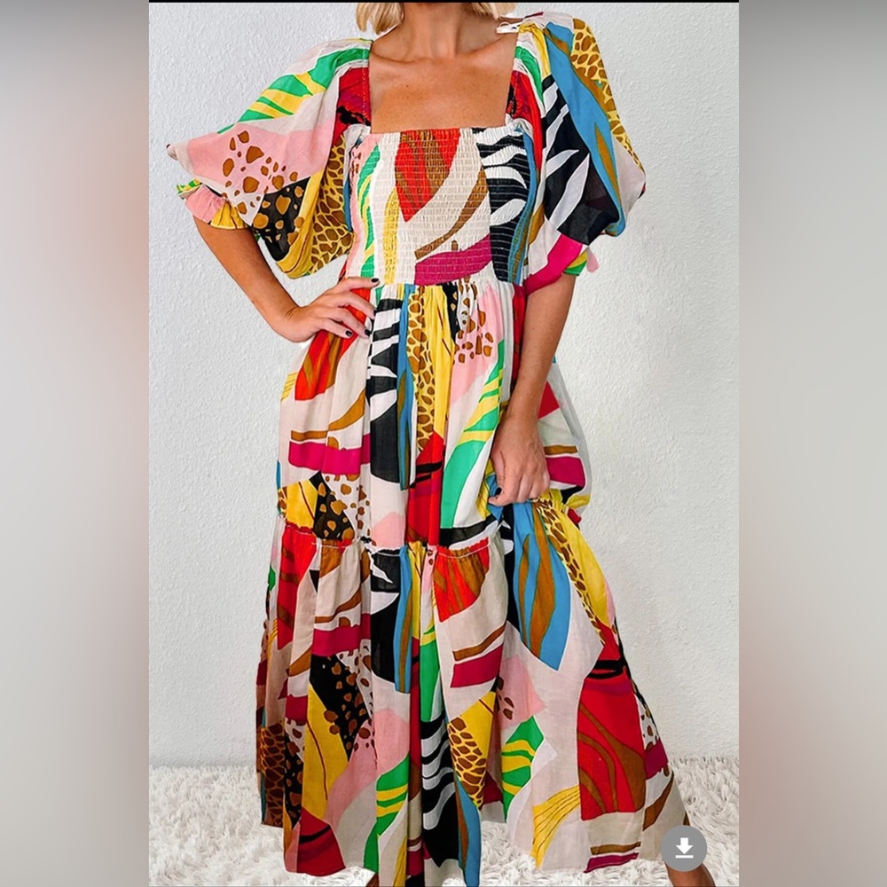 Printed Square Neck Short Sleeve Midi Dress